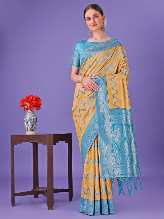 Astita Yellow & Sky Blue Lichi Silk Saree with Rich Woven Border and Zigzag Pattern – Wedding & Festive Wear