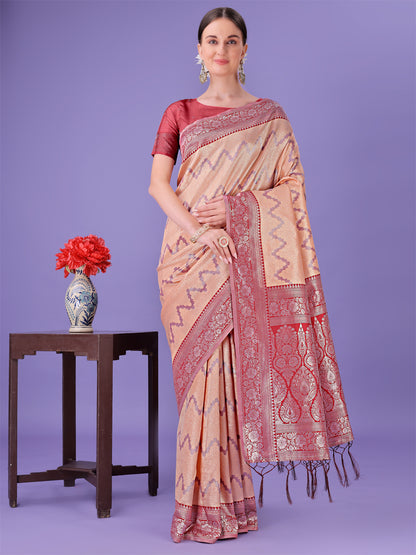 Astita Peach & Red Lichi Silk Saree with Rich Woven Border and Zigzag Pattern – Wedding & Festive Wear