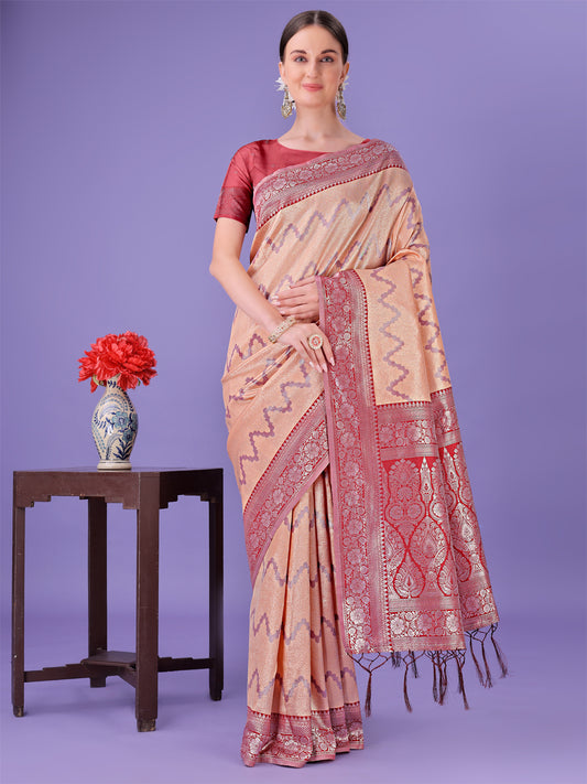 Astita Peach & Red Lichi Silk Saree with Rich Woven Border and Zigzag Pattern – Wedding & Festive Wear