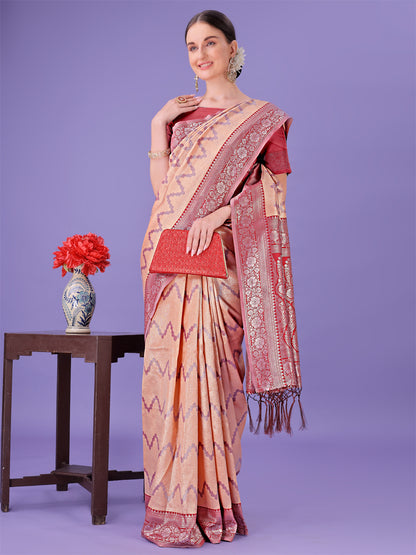Astita Peach & Red Lichi Silk Saree with Rich Woven Border and Zigzag Pattern – Wedding & Festive Wear