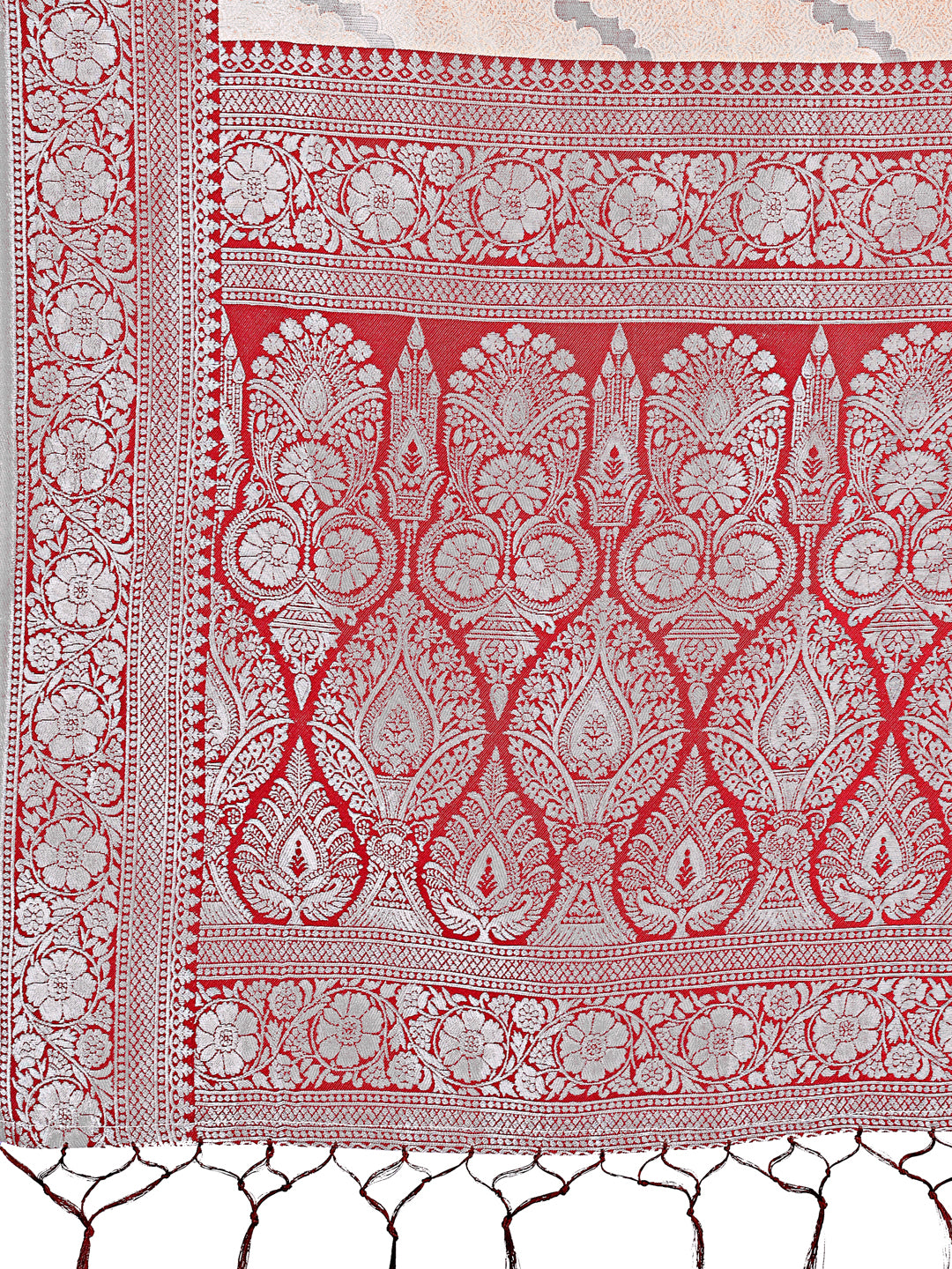 Astita Peach & Red Lichi Silk Saree with Rich Woven Border and Zigzag Pattern – Wedding & Festive Wear