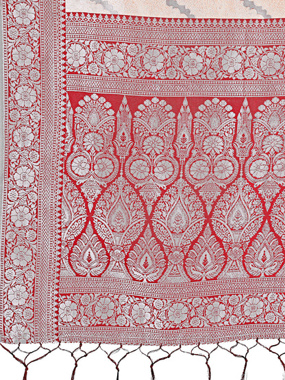 Astita Peach & Red Lichi Silk Saree with Rich Woven Border and Zigzag Pattern – Wedding & Festive Wear
