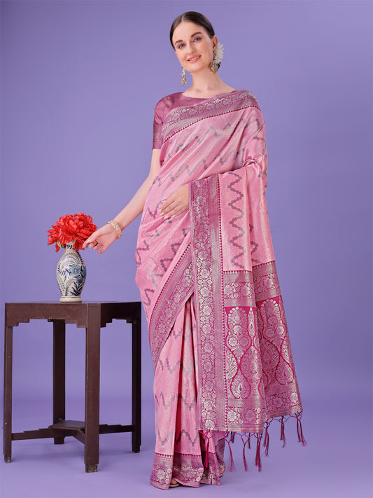 Astita Light Pink & Magenta Lichi Silk Saree with Rich Woven Border and Zigzag Pattern – Wedding & Festive Wear