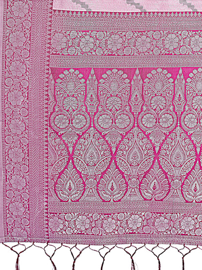 Astita Light Pink & Magenta Lichi Silk Saree with Rich Woven Border and Zigzag Pattern – Wedding & Festive Wear