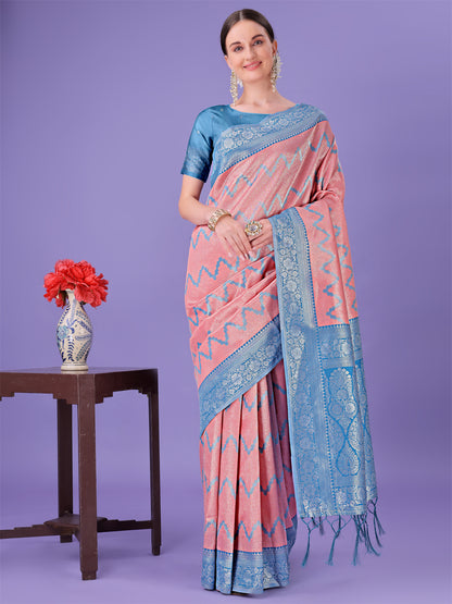 Astita Peach & Blue Lichi Silk Saree with Rich Woven Border and Zigzag Pattern – Wedding & Festive Wear