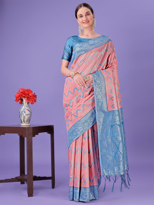 Astita Peach & Blue Lichi Silk Saree with Rich Woven Border and Zigzag Pattern – Wedding & Festive Wear