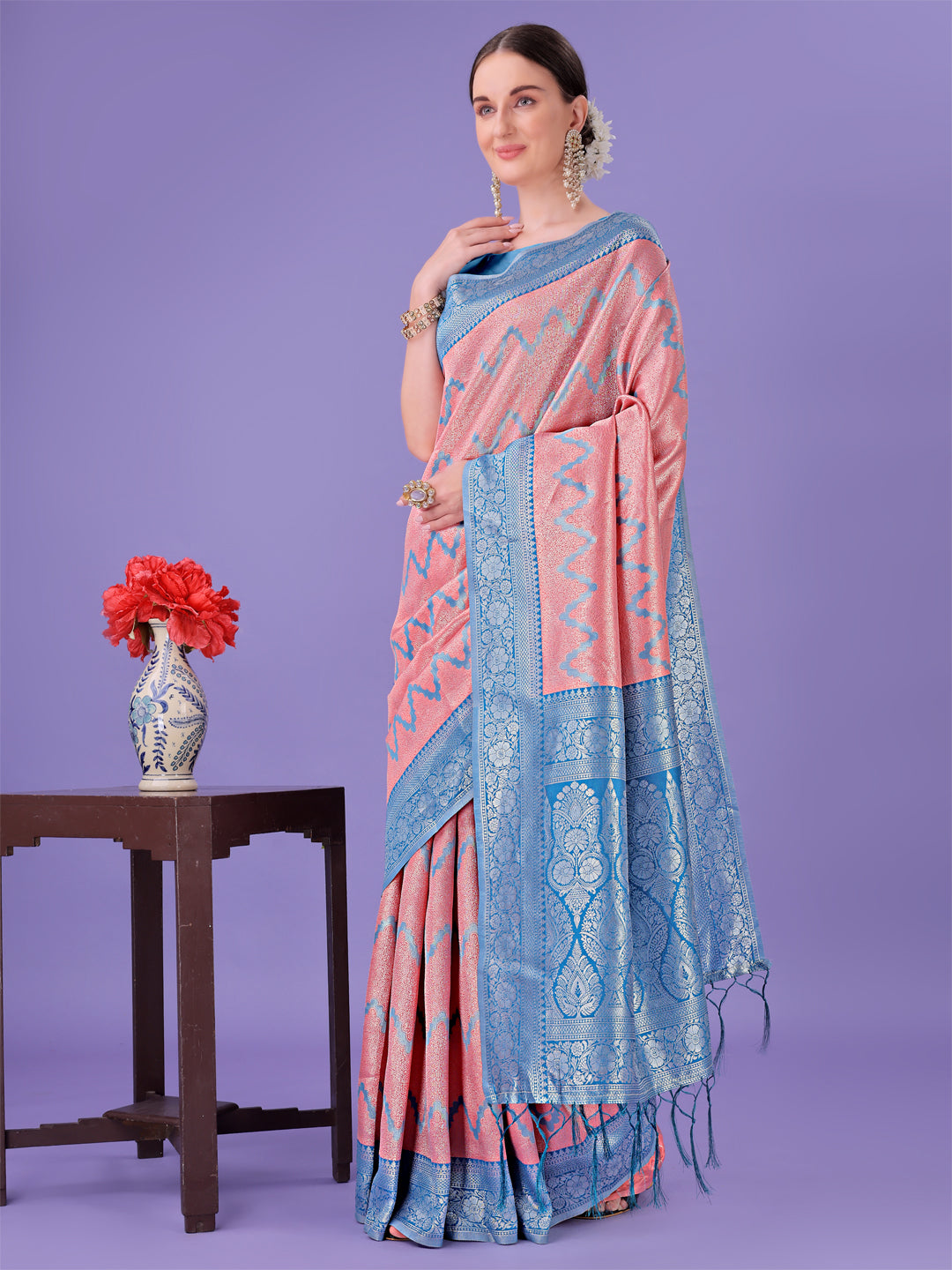 Astita Peach & Blue Lichi Silk Saree with Rich Woven Border and Zigzag Pattern – Wedding & Festive Wear