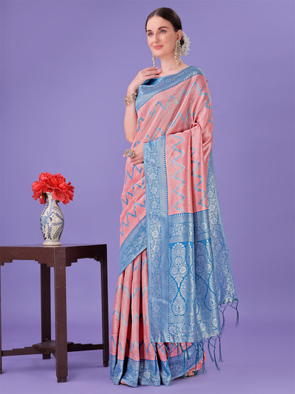 Astita Peach & Blue Lichi Silk Saree with Rich Woven Border and Zigzag Pattern – Wedding & Festive Wear