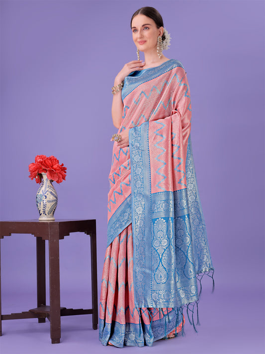 Astita Peach & Blue Lichi Silk Saree with Rich Woven Border and Zigzag Pattern – Wedding & Festive Wear