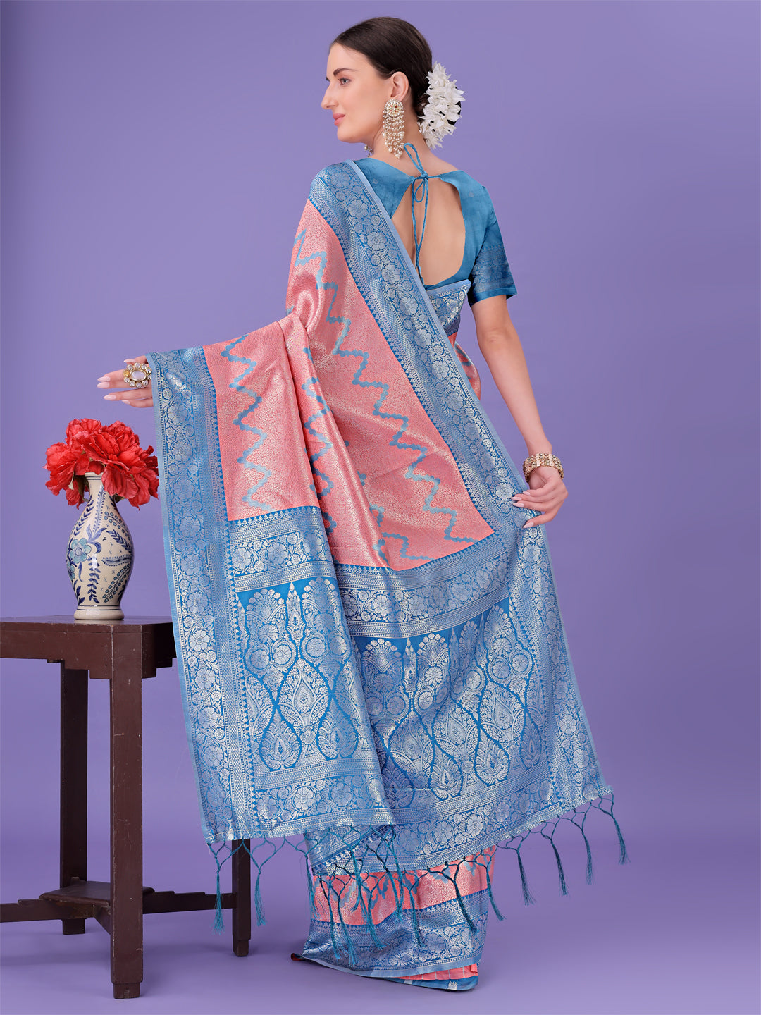 Astita Peach & Blue Lichi Silk Saree with Rich Woven Border and Zigzag Pattern – Wedding & Festive Wear