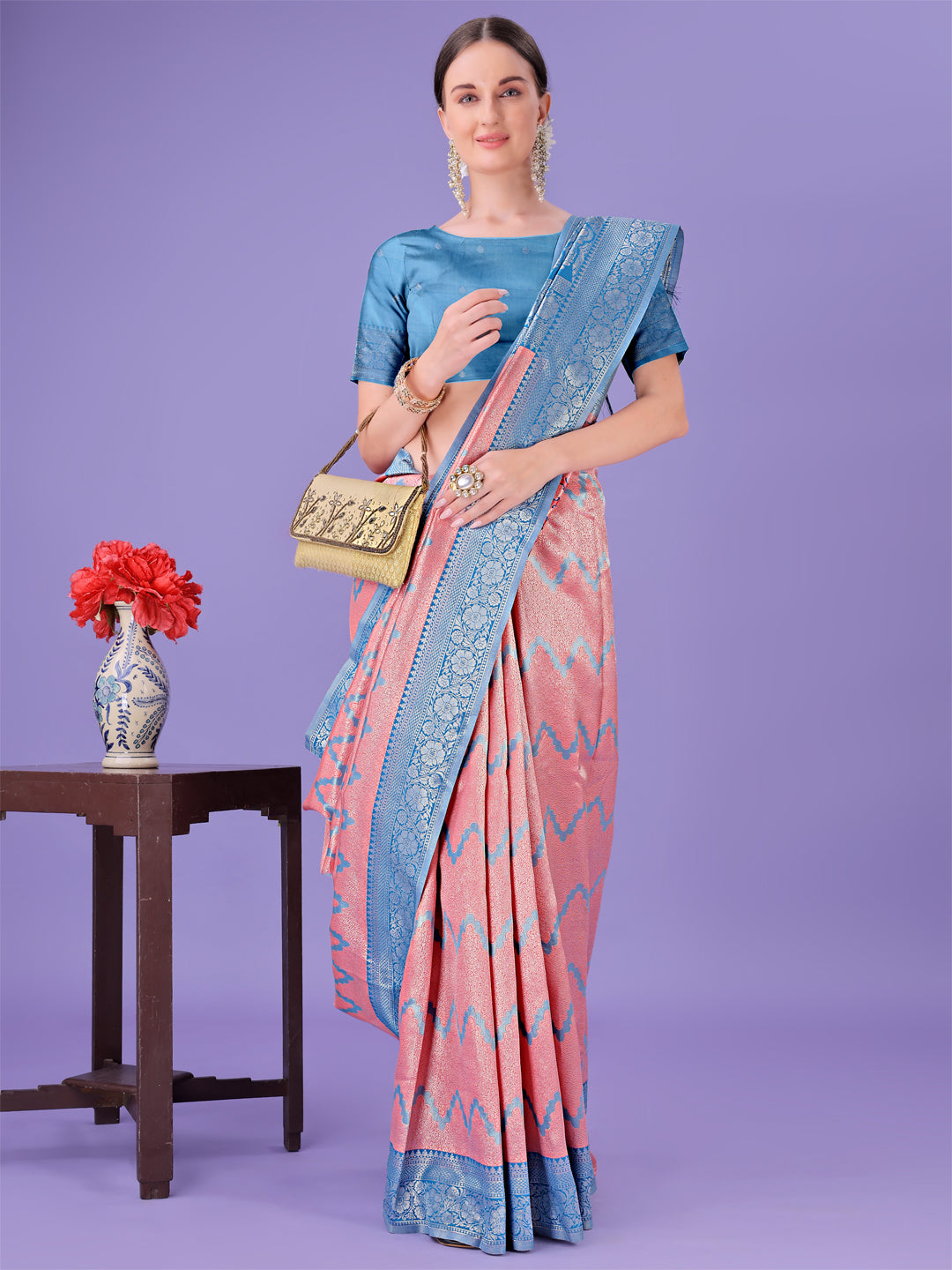 Astita Peach & Blue Lichi Silk Saree with Rich Woven Border and Zigzag Pattern – Wedding & Festive Wear