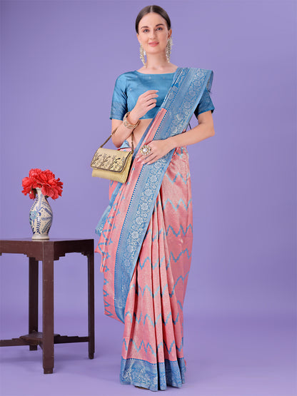 Astita Peach & Blue Lichi Silk Saree with Rich Woven Border and Zigzag Pattern – Wedding & Festive Wear