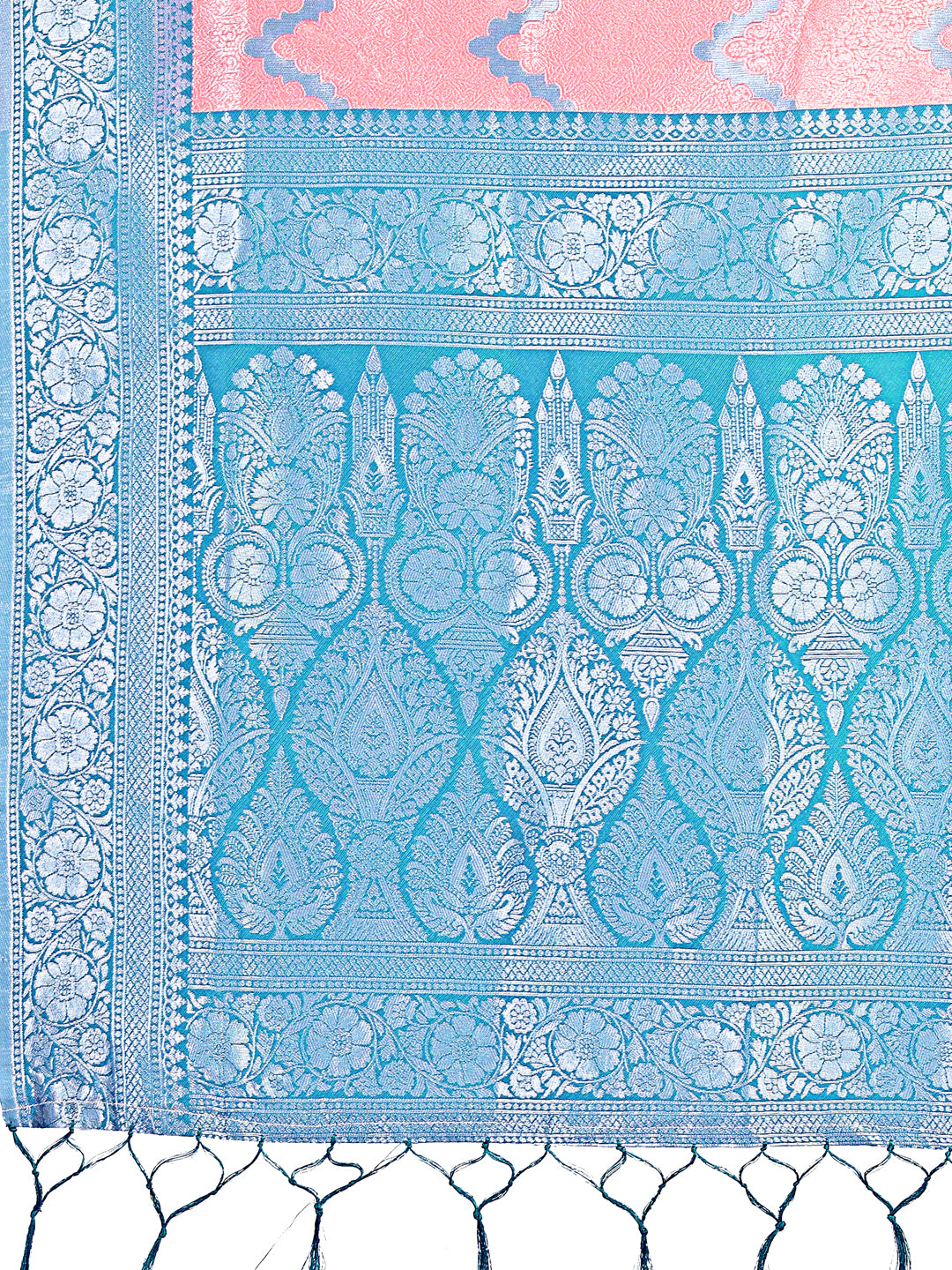 Astita Peach & Blue Lichi Silk Saree with Rich Woven Border and Zigzag Pattern – Wedding & Festive Wear