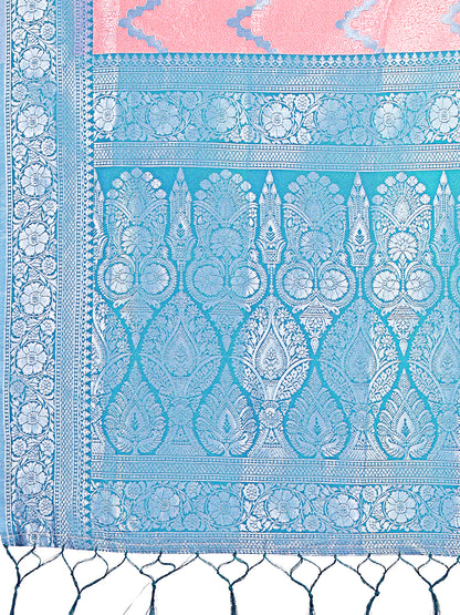 Astita Peach & Blue Lichi Silk Saree with Rich Woven Border and Zigzag Pattern – Wedding & Festive Wear