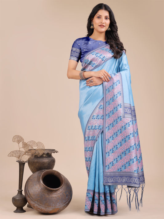 Astita Radiant Sky Blue Silk Saree with Pink & Blue Floral Pattern – Perfect for Weddings & Festive Glamour