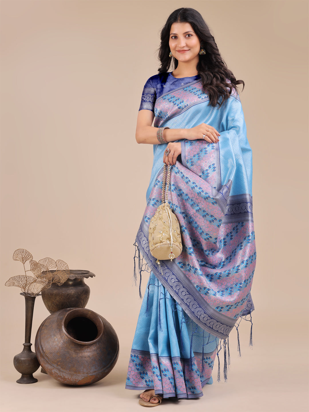 Astita Radiant Sky Blue Silk Saree with Pink & Blue Floral Pattern – Perfect for Weddings & Festive Glamour