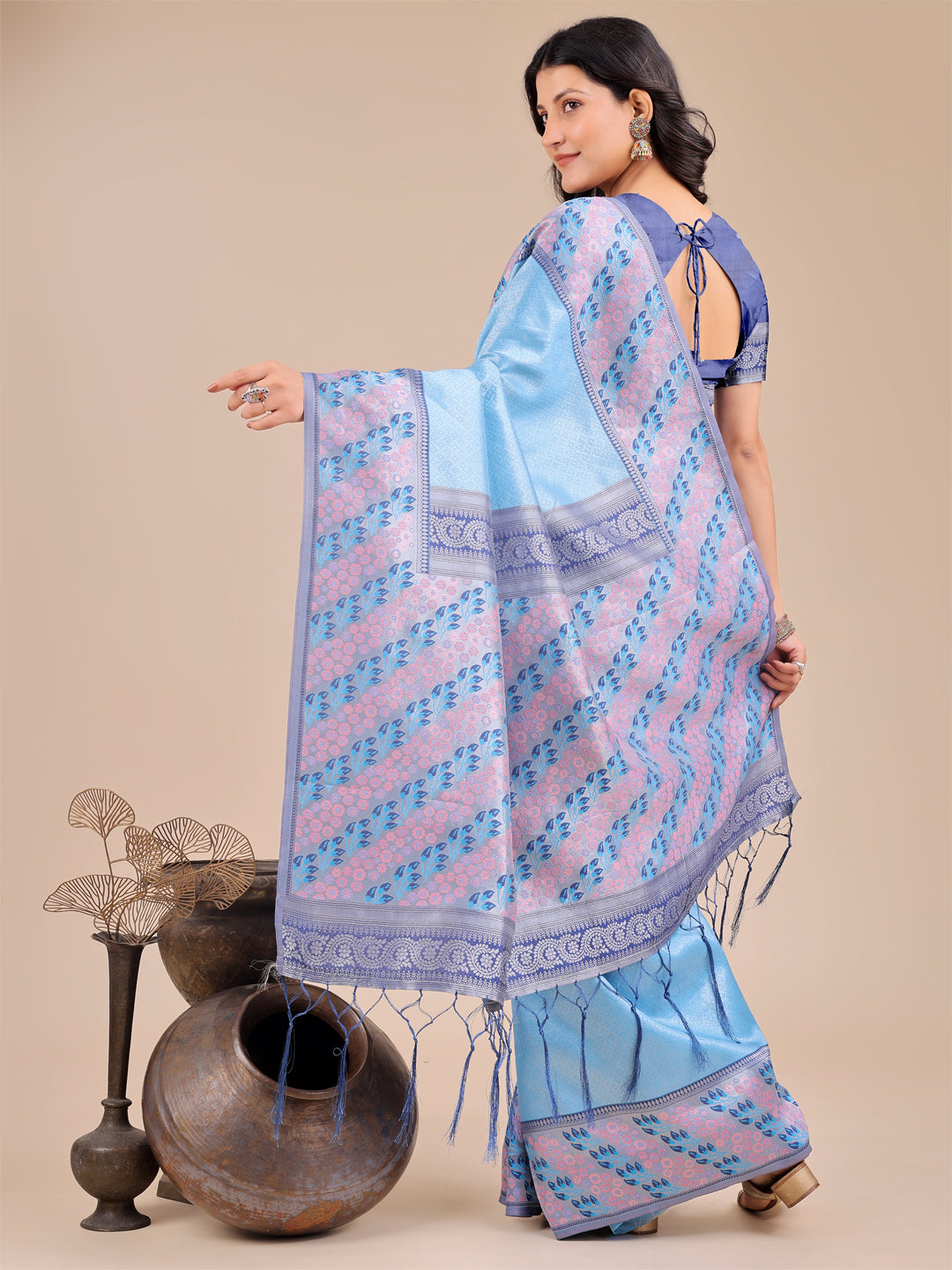 Astita Radiant Sky Blue Silk Saree with Pink & Blue Floral Pattern – Perfect for Weddings & Festive Glamour