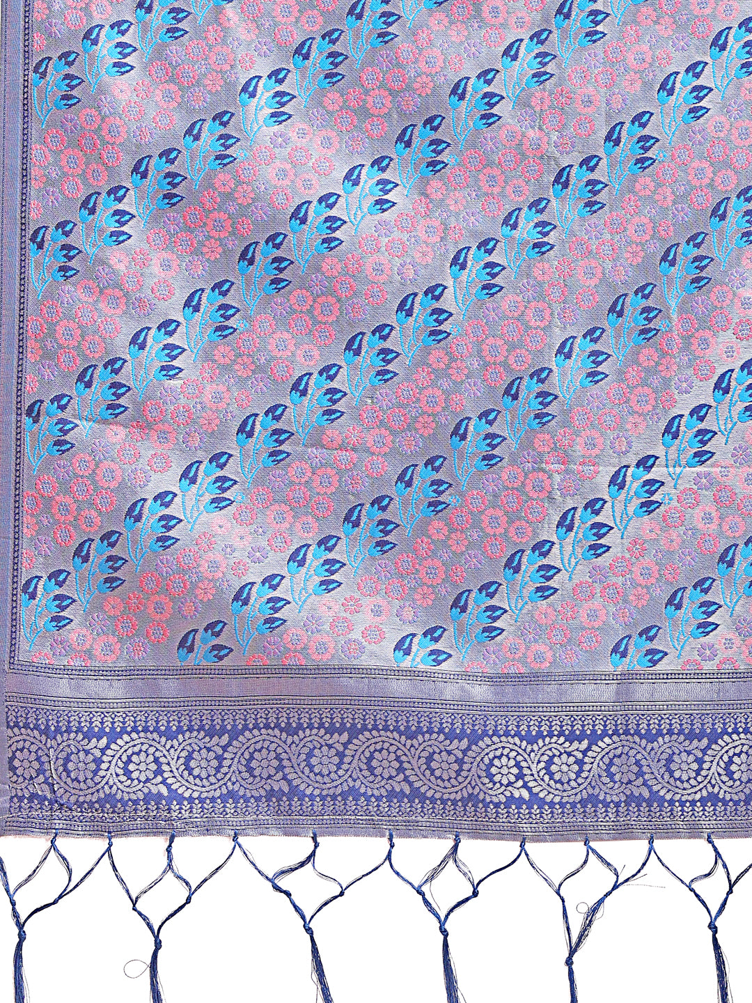 Astita Radiant Sky Blue Silk Saree with Pink & Blue Floral Pattern – Perfect for Weddings & Festive Glamour