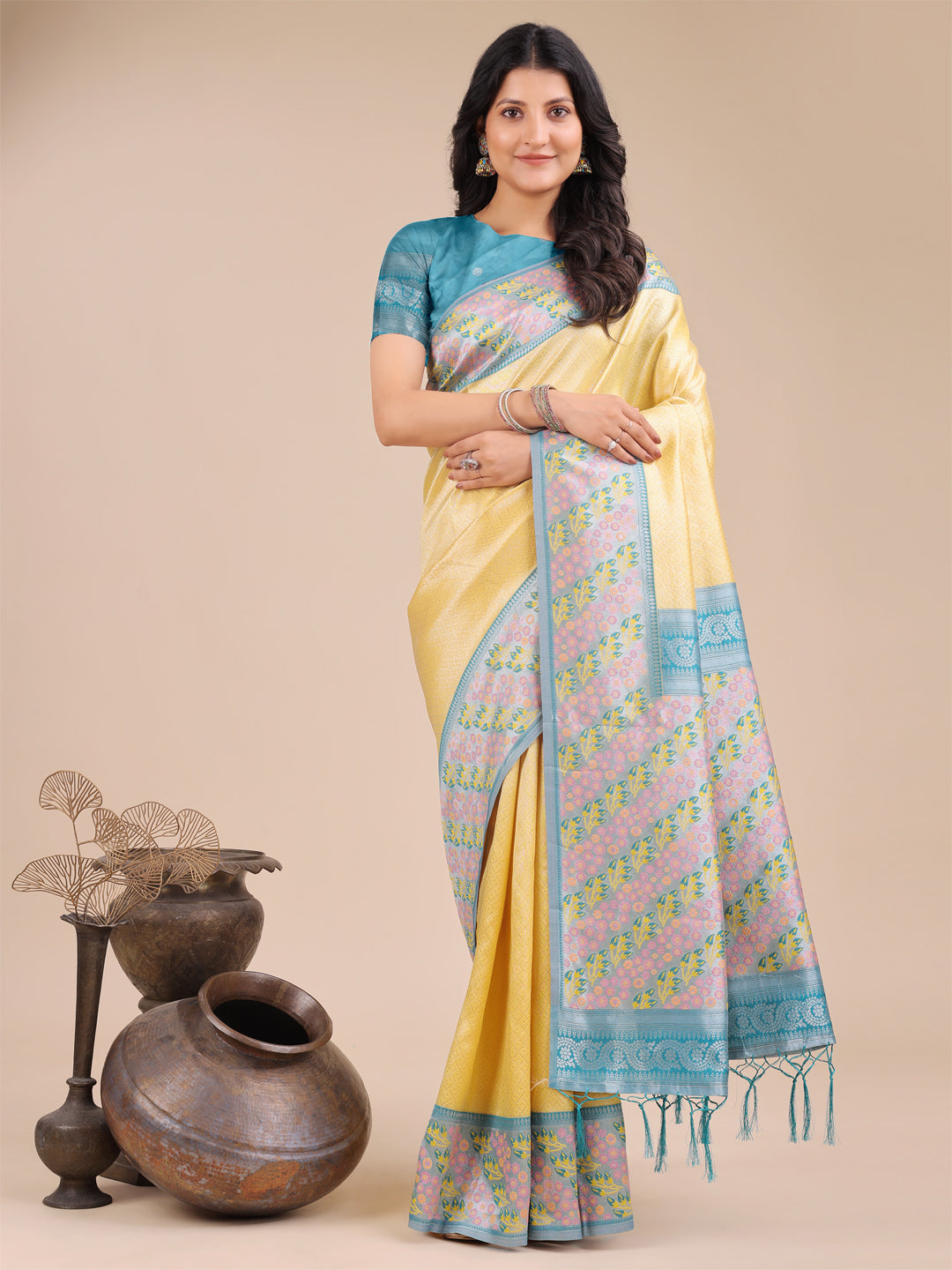 Astita Radiant Yellow Silk Saree with Pink & Blue Floral Pattern – Perfect for Weddings & Festive Glamour