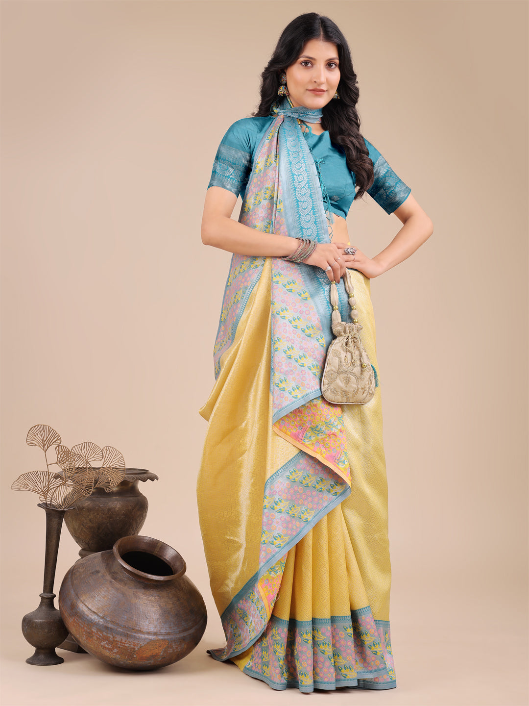 Astita Radiant Yellow Silk Saree with Pink & Blue Floral Pattern – Perfect for Weddings & Festive Glamour