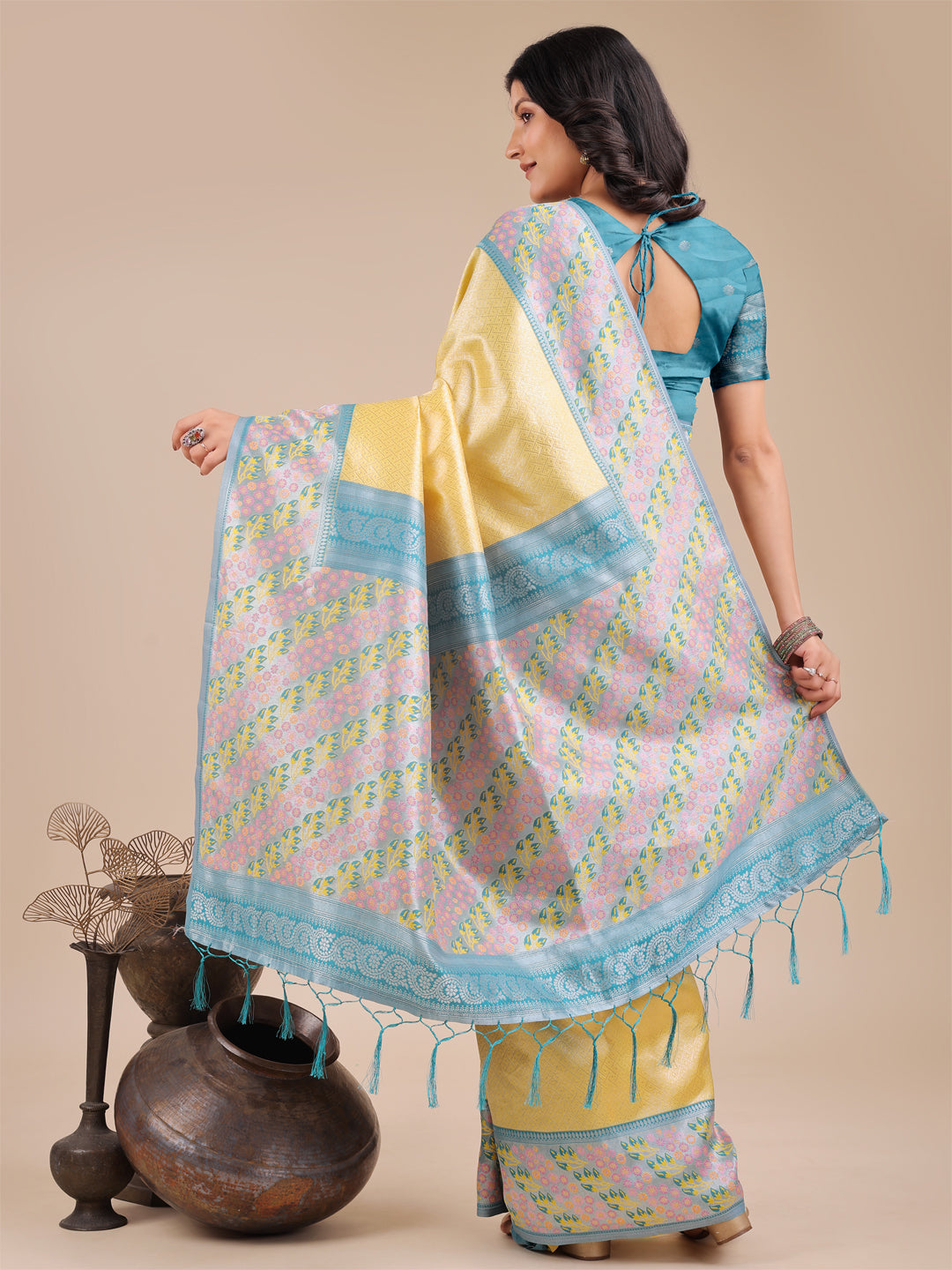 Astita Radiant Yellow Silk Saree with Pink & Blue Floral Pattern – Perfect for Weddings & Festive Glamour