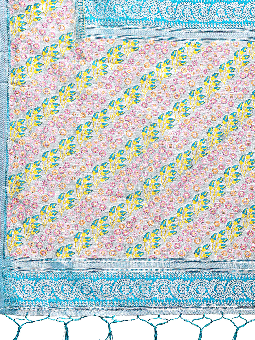 Astita Radiant Yellow Silk Saree with Pink & Blue Floral Pattern – Perfect for Weddings & Festive Glamour