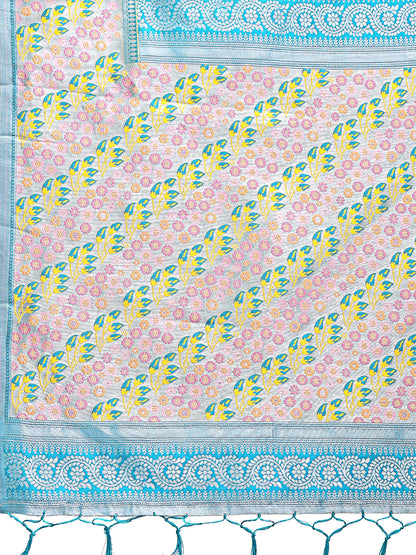Astita Radiant Yellow Silk Saree with Pink & Blue Floral Pattern – Perfect for Weddings & Festive Glamour