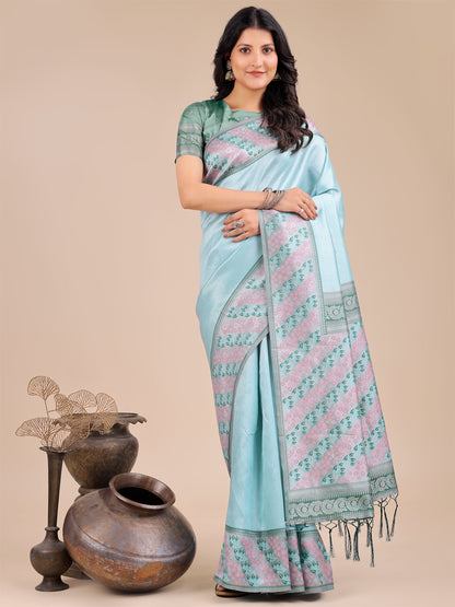 Astita Radiant Teal Silk Saree with Pink & Blue Floral Pattern – Perfect for Weddings & Festive Glamour