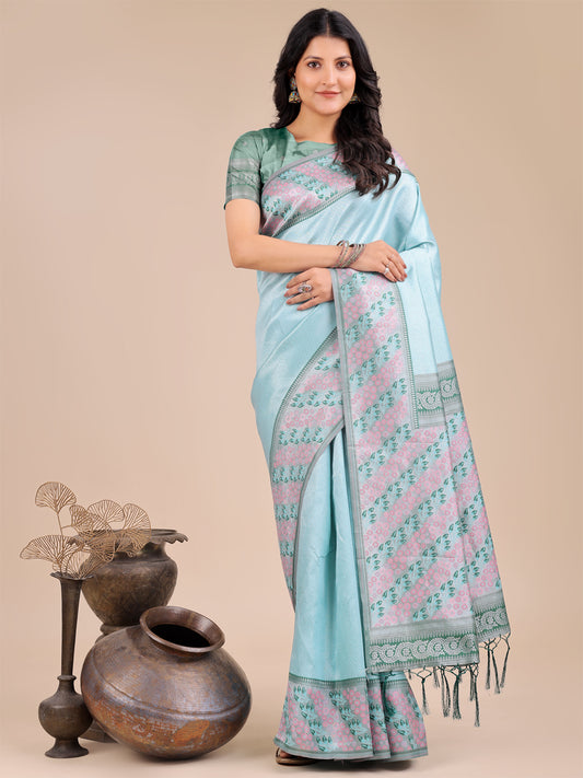 Astita Radiant Teal Silk Saree with Pink & Blue Floral Pattern – Perfect for Weddings & Festive Glamour