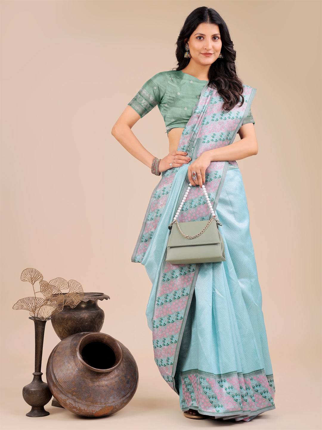 Astita Radiant Teal Silk Saree with Pink & Blue Floral Pattern – Perfect for Weddings & Festive Glamour