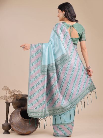 Astita Radiant Teal Silk Saree with Pink & Blue Floral Pattern – Perfect for Weddings & Festive Glamour