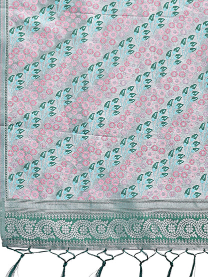 Astita Radiant Teal Silk Saree with Pink & Blue Floral Pattern – Perfect for Weddings & Festive Glamour