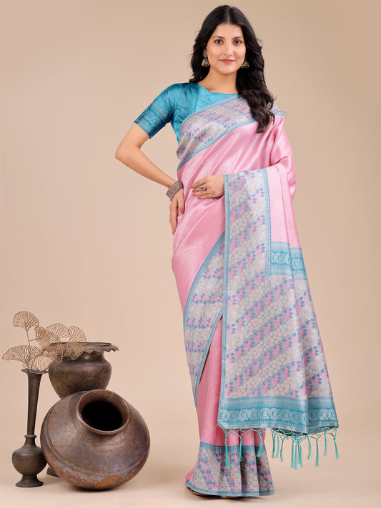 Astita Radiant Light Pink Silk Saree with Pink & Blue Floral Pattern – Perfect for Weddings & Festive Glamour