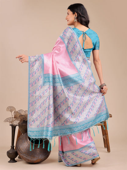 Astita Radiant Light Pink Silk Saree with Pink & Blue Floral Pattern – Perfect for Weddings & Festive Glamour