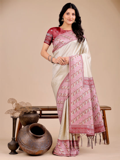 Astita Radiant Cream Silk Saree with Pink & Blue Floral Pattern – Perfect for Weddings & Festive Glamour