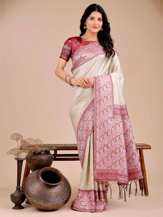 Astita Radiant Cream Silk Saree with Pink & Blue Floral Pattern – Perfect for Weddings & Festive Glamour