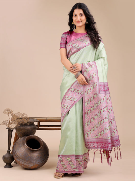 Astita Radiant Light Green Silk Saree with Pink & Blue Floral Pattern – Perfect for Weddings & Festive Glamour