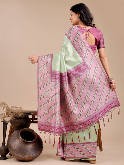 Astita Radiant Light Green Silk Saree with Pink & Blue Floral Pattern – Perfect for Weddings & Festive Glamour
