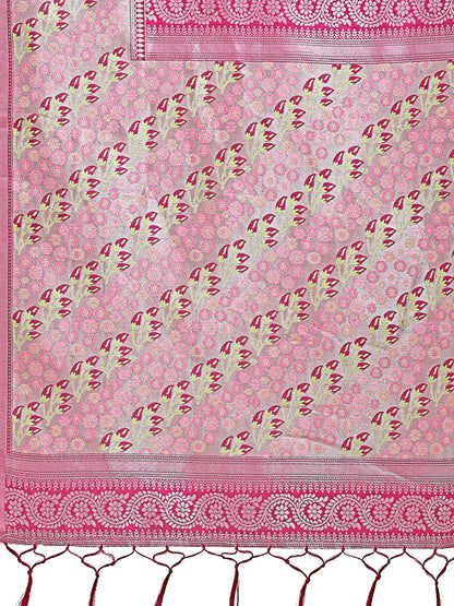Astita Radiant Light Green Silk Saree with Pink & Blue Floral Pattern – Perfect for Weddings & Festive Glamour