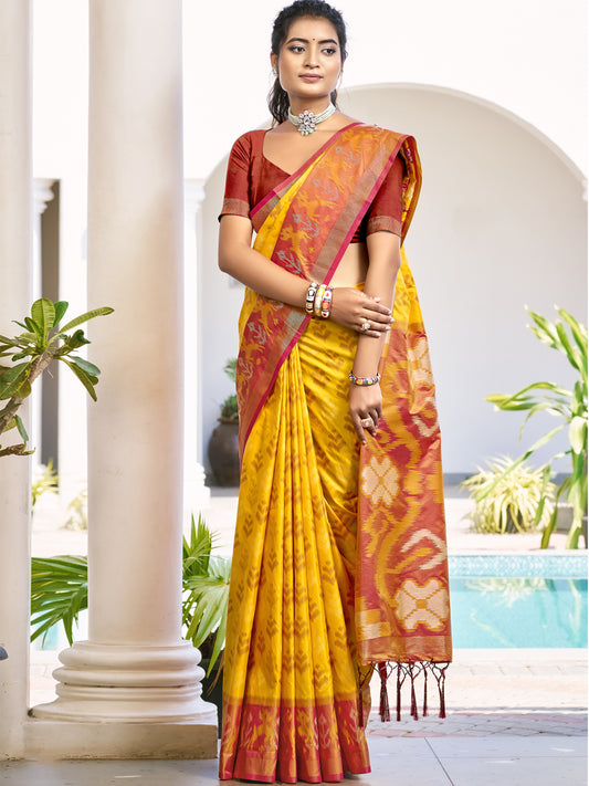 Astita Yellow & Maroon Pochampalli Soft Silk Saree with Traditional Ikat Pallu Sari