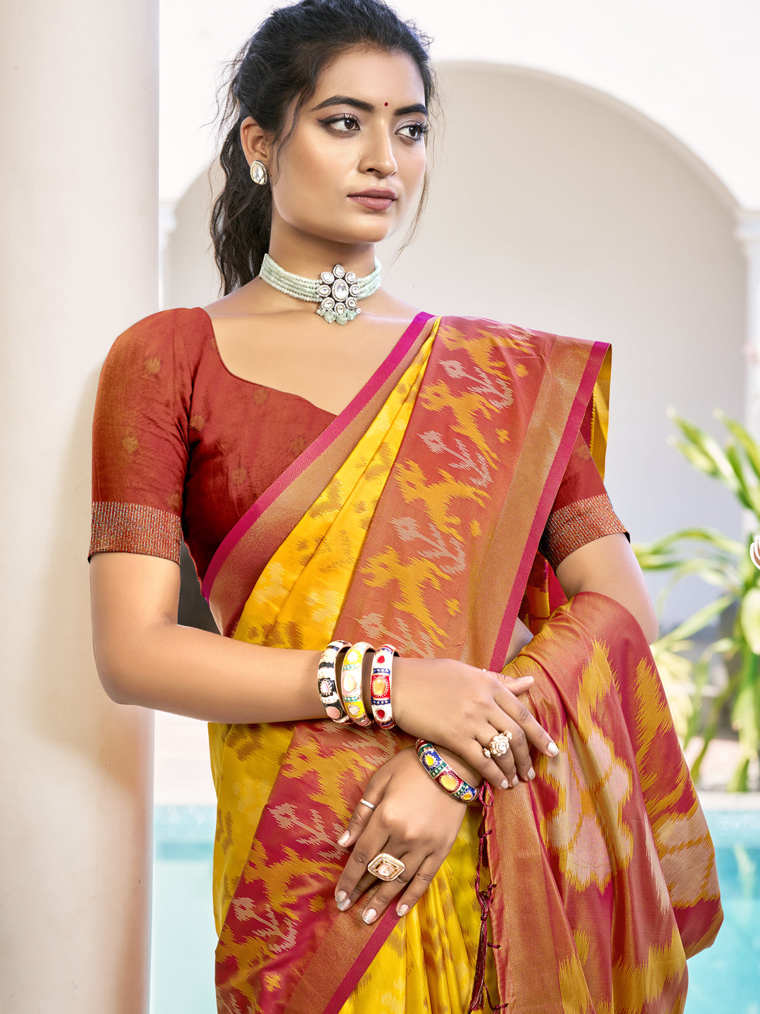 Astita Yellow & Maroon Pochampalli Soft Silk Saree with Traditional Ikat Pallu Sari