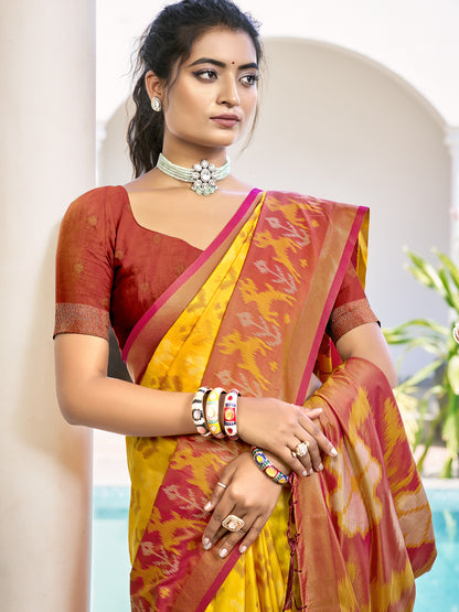 Astita Yellow & Maroon Pochampalli Soft Silk Saree with Traditional Ikat Pallu Sari