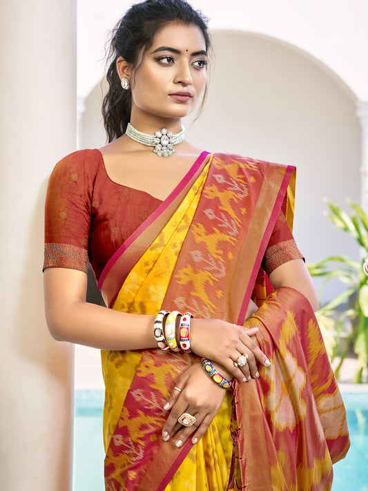 Astita Yellow & Maroon Pochampalli Soft Silk Saree with Traditional Ikat Pallu Sari