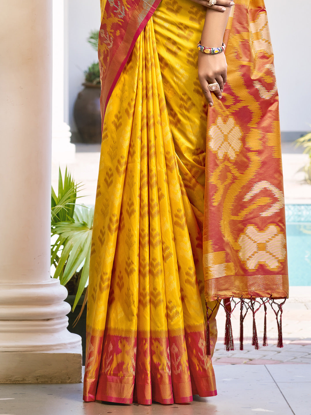 Astita Yellow & Maroon Pochampalli Soft Silk Saree with Traditional Ikat Pallu Sari