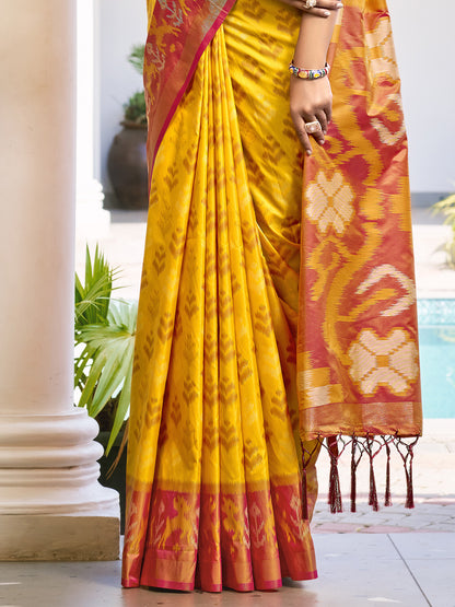 Astita Yellow & Maroon Pochampalli Soft Silk Saree with Traditional Ikat Pallu Sari