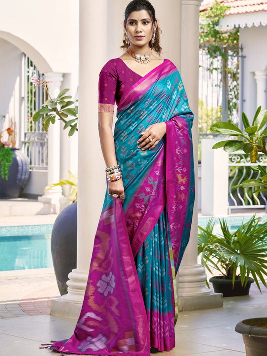 Astita Sky Blue & Magenta Pochampalli Soft Silk Saree with Traditional Ikat Pallu Sari