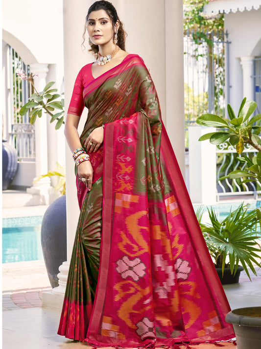 Astita Olive Green & Red Pochampalli Soft Silk Saree with Traditional Ikat Pallu Sari