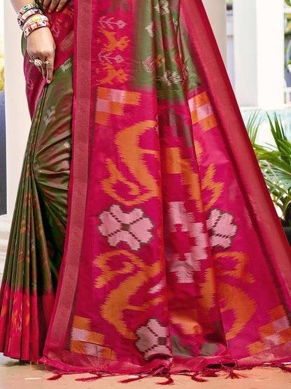 Astita Olive Green & Red Pochampalli Soft Silk Saree with Traditional Ikat Pallu Sari