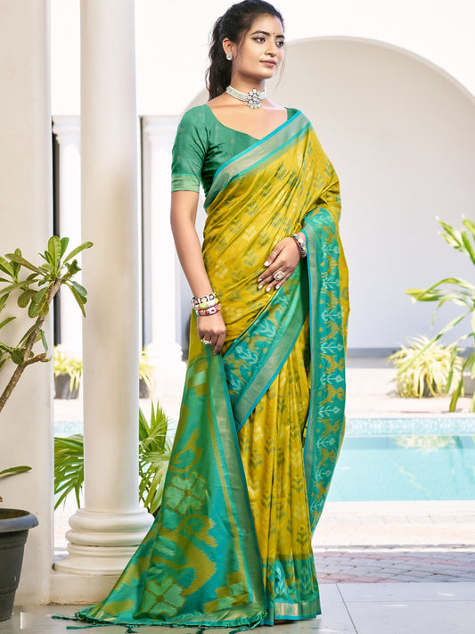 Astita Mustard Yellow & Green Pochampalli Soft Silk Saree with Traditional Ikat Pallu Sari