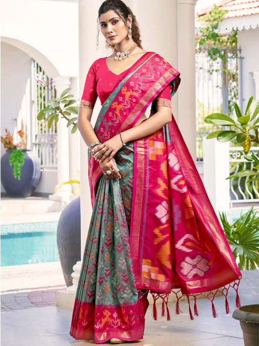 Astita Grey & Red Pochampalli Soft Silk Saree with Traditional Ikat Pallu Sari